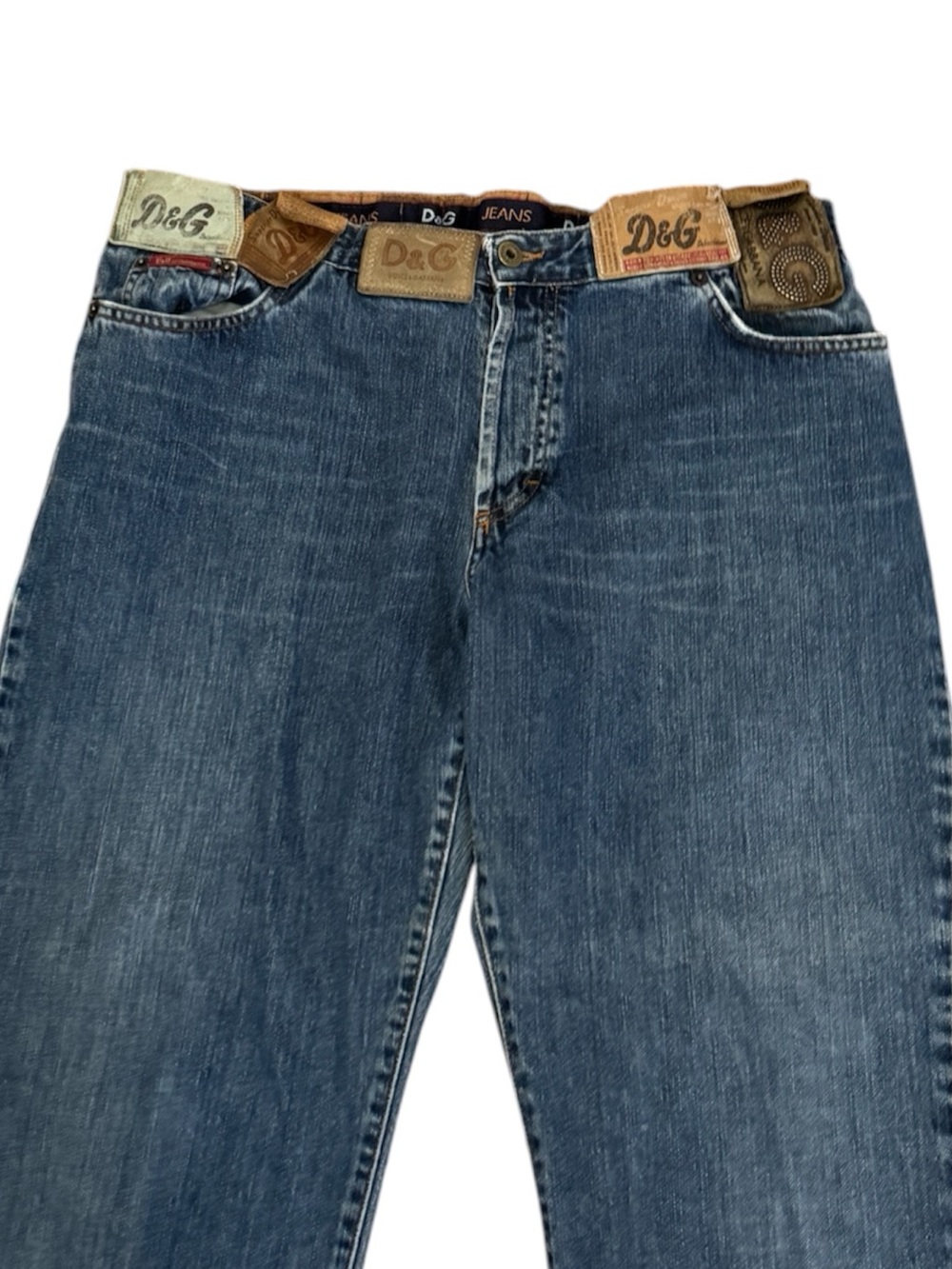 D&G Dolce & Gabbana Leather Patchwork Straight-Leg Blue Denim Jeans US 34 / 34